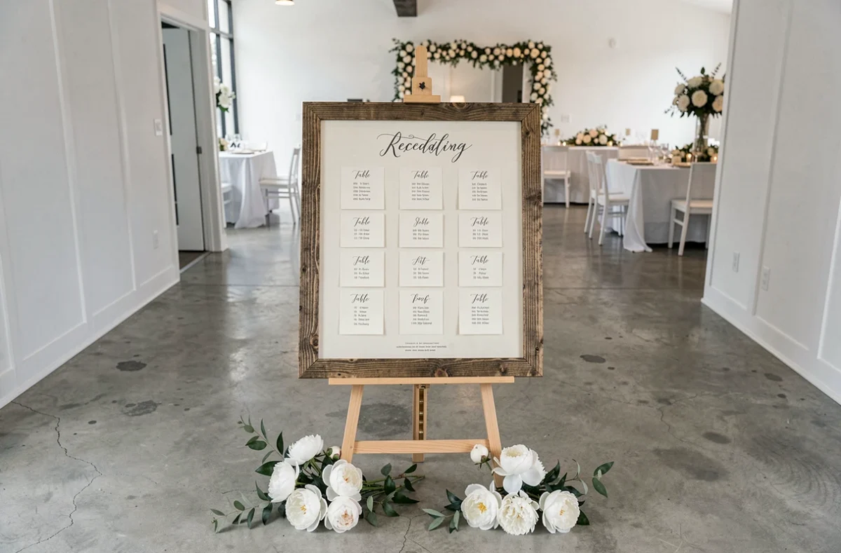 Plan de table de mariage en calligraphie sur chevalet à l'entrée d'une salle de réception moderne