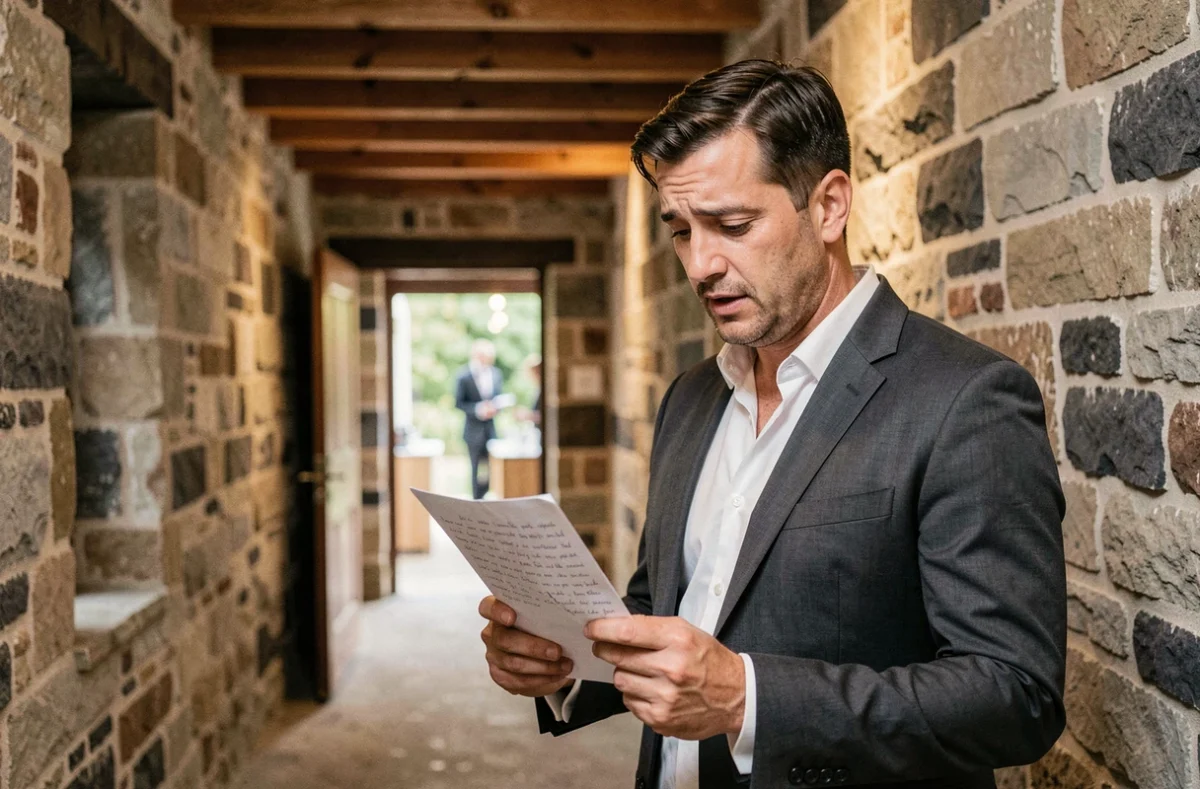 Témoin de mariage en costume gris révisant son discours dans un couloir en pierre rustique avant la cérémonie