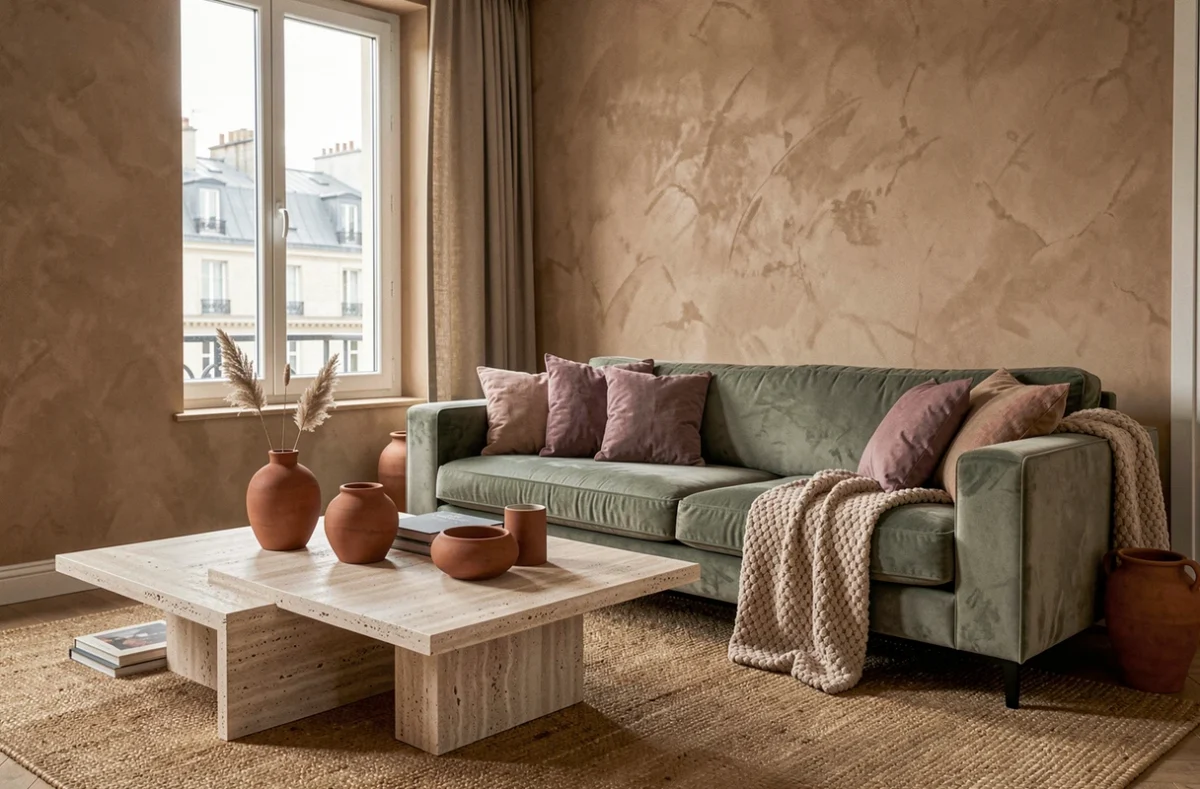 Salon parisien décoré selon les tendances couleurs 2026 avec canapé vert sauge, céramiques terracotta et murs sable
