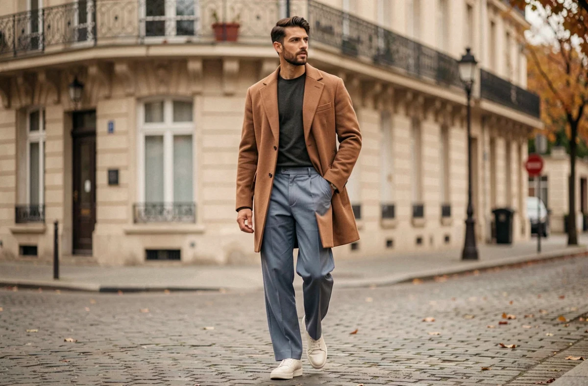 Homme portant une tenue aux couleurs tendance 2026 dans une rue pavée parisienne avec manteau mocha et pantalon bleu poussiéreux