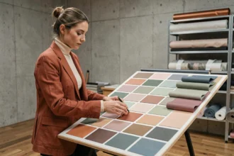 Styliste arrangeant des échantillons de couleurs tendance 2026 sur un tableau d'inspiration dans un studio minimaliste