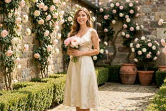 Femme en robe de soirée ivoire dans un jardin fleuri pour un mariage champêtre