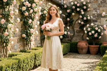 Femme en robe de soirée ivoire dans un jardin fleuri pour un mariage champêtre