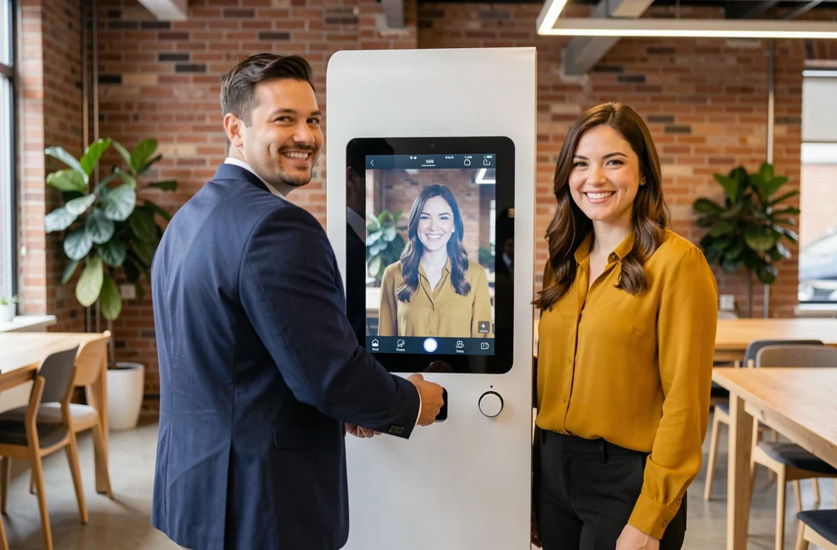 Deux collègues testant un photobooth moderne installé dans un espace de coworking contemporain