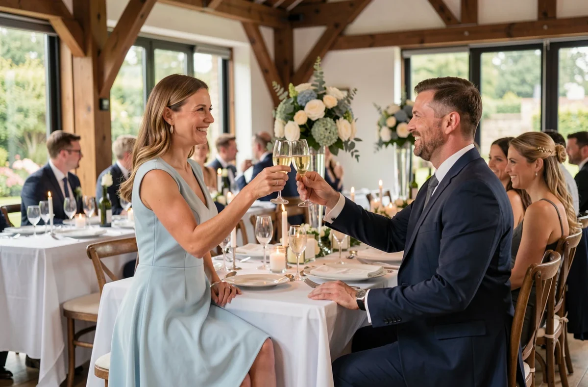 Deux invités souriants portant un toast au champagne lors d'un mariage en salle élégante