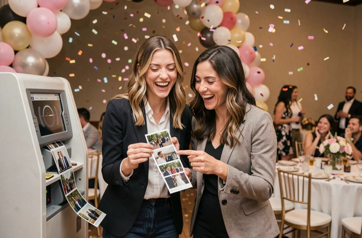 Invitées utilisant un photobooth lors d'une réception de mariage avec des bandelettes de photos imprimées