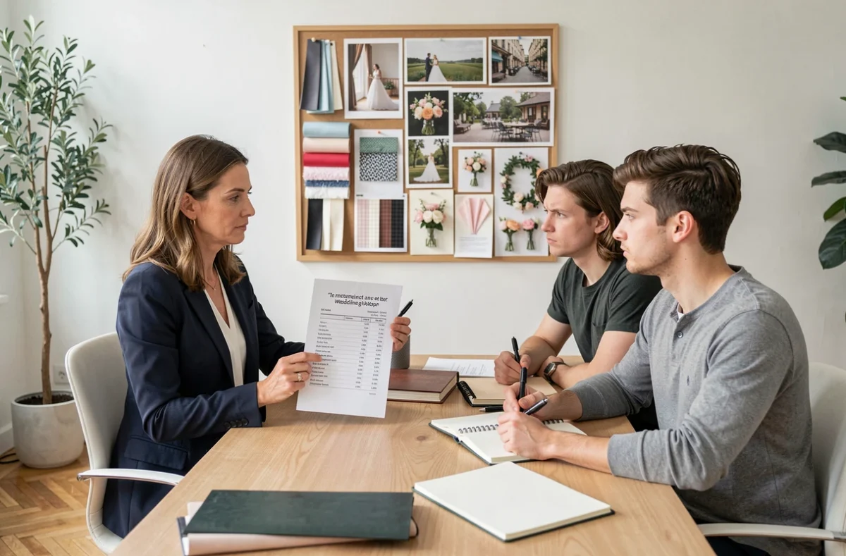 Wedding planner française présentant un devis de mariage à un jeune couple dans un bureau moderne à Paris